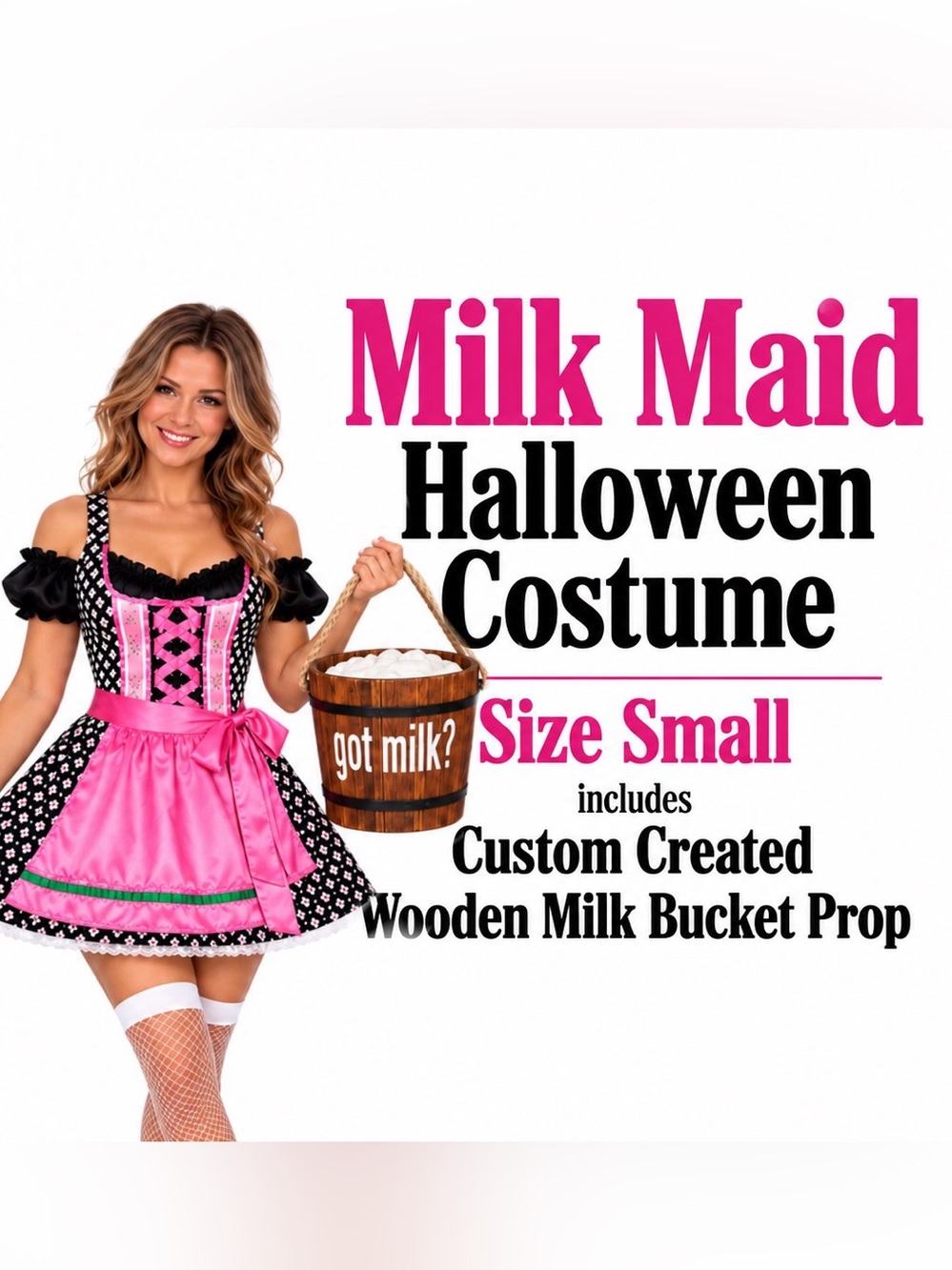 🎀 MILK MAID HALLOWEEN COSTUME + CUSTOM “GOT MILK?” BUCKET-Small 🥛🐄